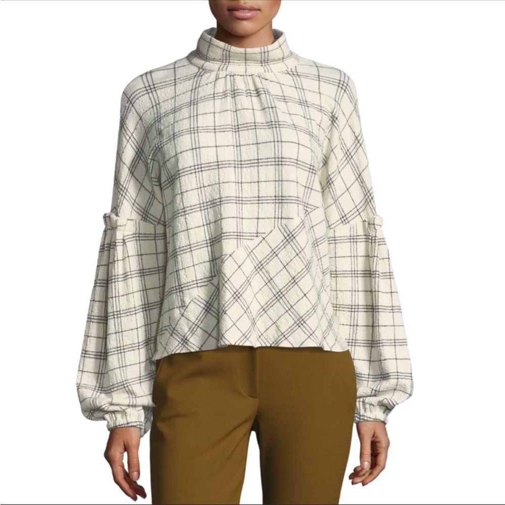 Tibi Ruffle Trim Check Print Long Sleeve Top
